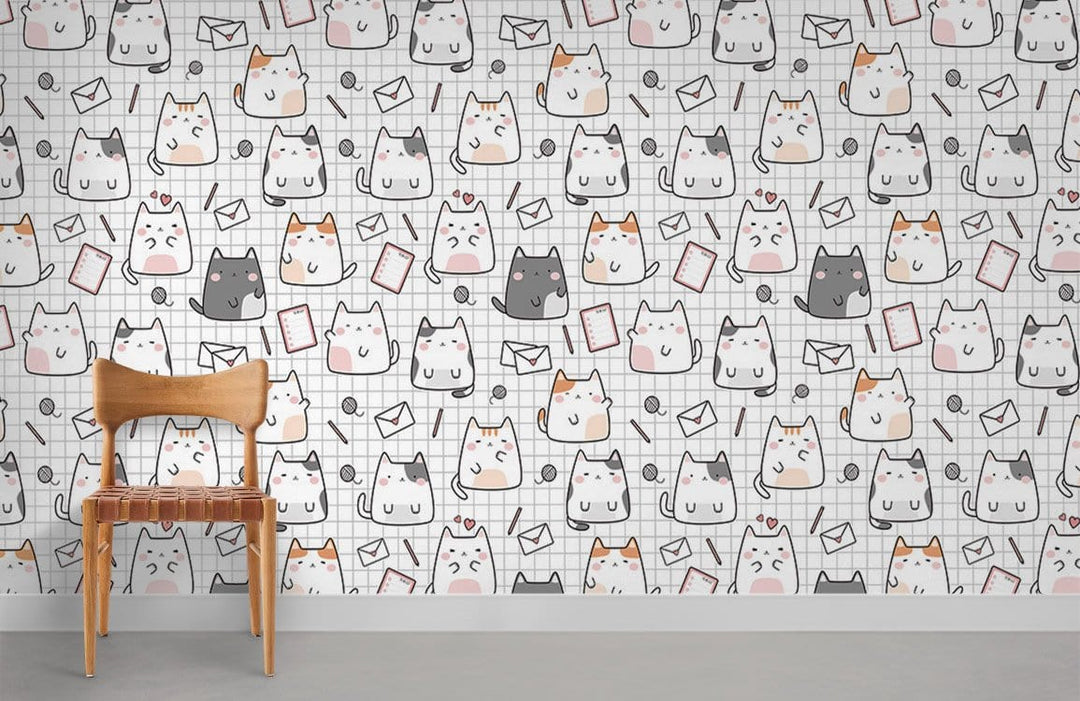 Cute cartoon cat pattern wallpaper in whimsical grey and white with wooden chair and grey floor.