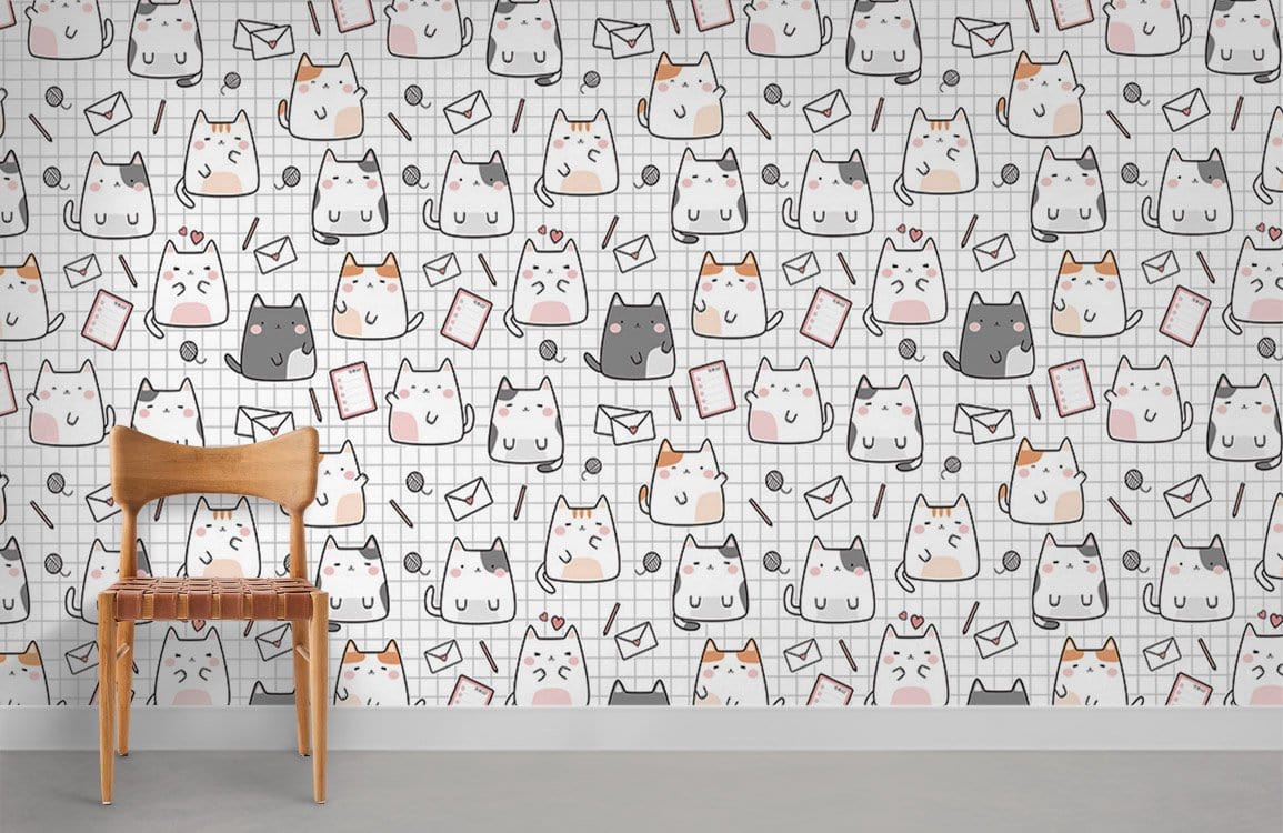 Cute cartoon cat pattern wallpaper in whimsical grey and white with wooden chair and grey floor.