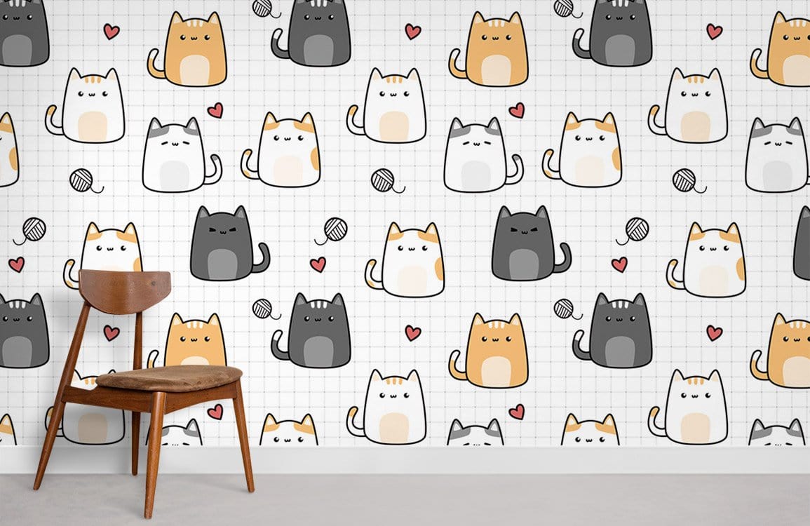 Playful Cartoon Cat Wallpaper, pastel design, wooden chair, grid pattern, adorable room decor.