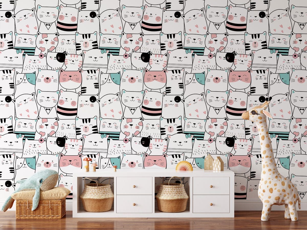 Whimsical Cats Pattern Wallpaper in a child's room with a white cabinet and wooden flooring.