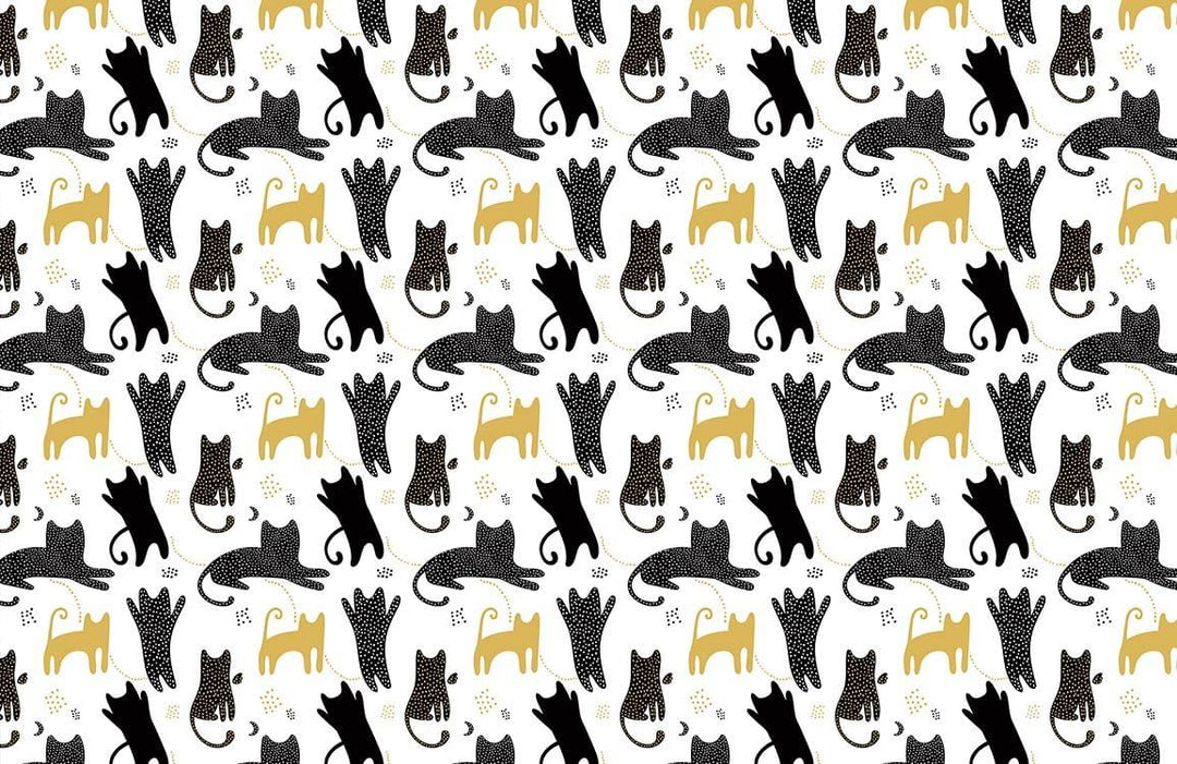 Playful Cat Silhouette Pattern Wallpaper in Black, Gold, and White