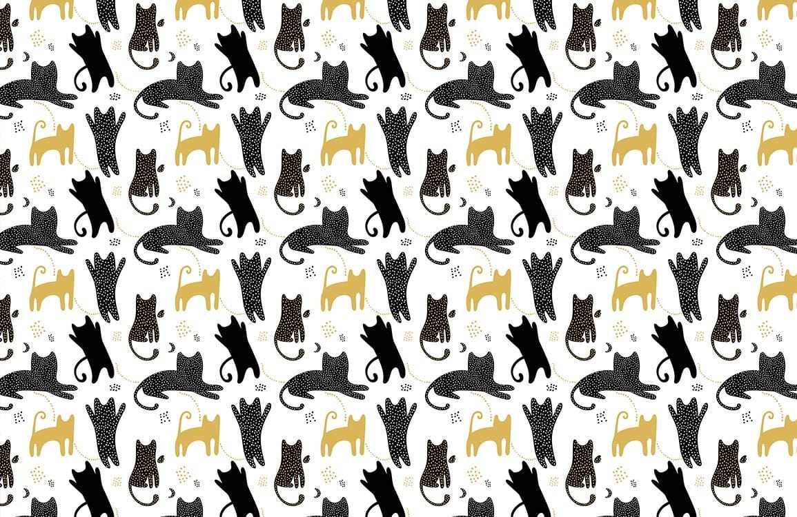 Playful Cat Silhouette Pattern Wallpaper in Black, Gold, and White