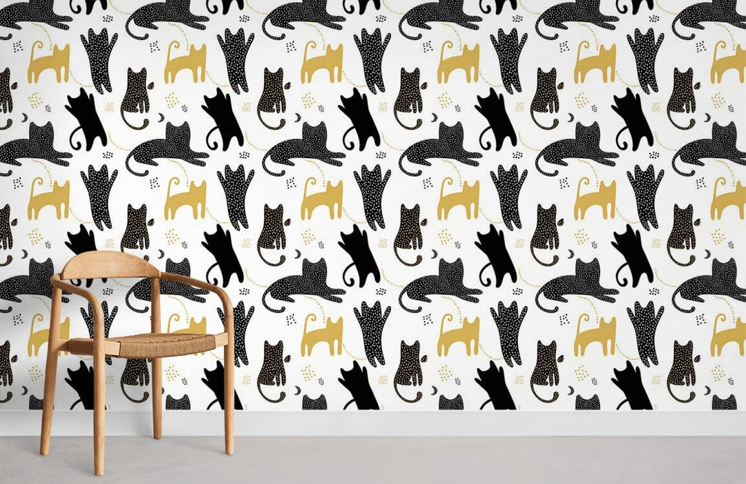 Playful Cat Silhouette Wallpaper with wood chair; perfect for modern living room decor in neutral tones.