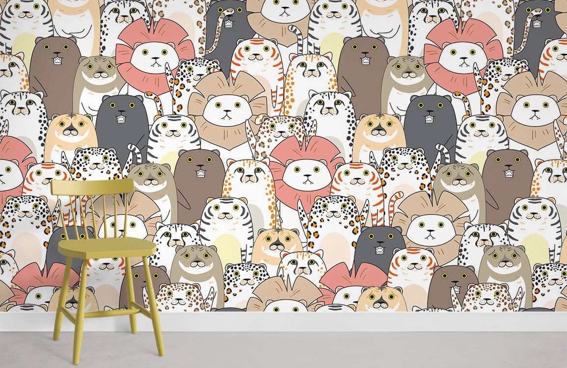 Charming pastel safari wallpaper in kids' room with green chair, white walls, and grey flooring.