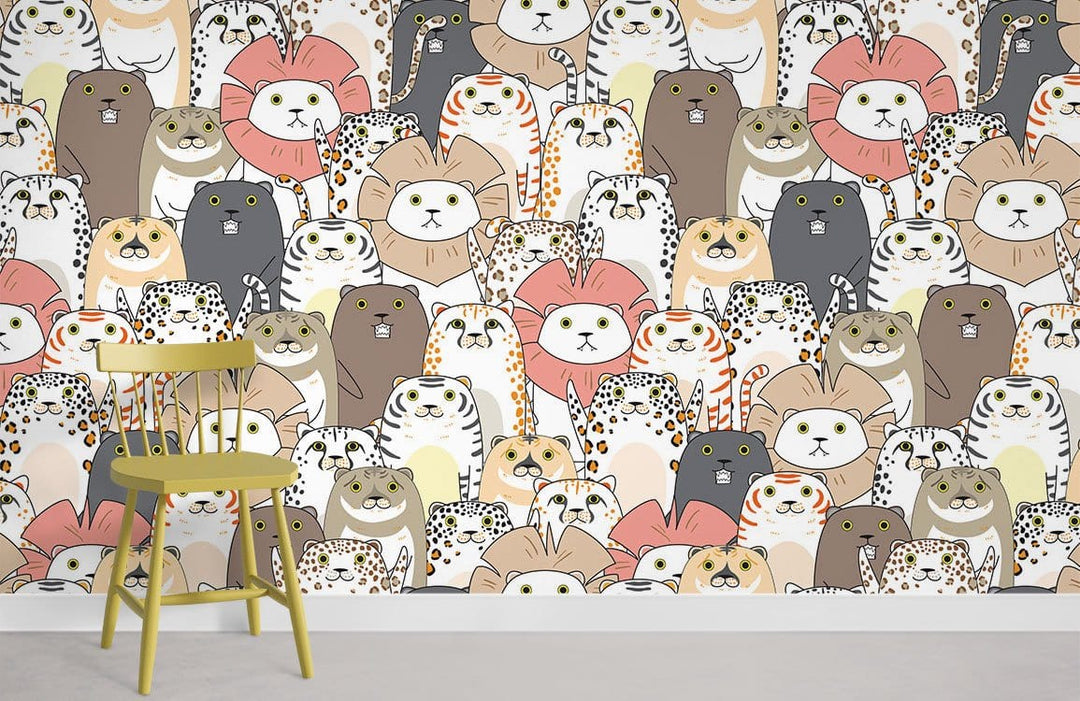 Charming pastel safari wallpaper in kids' room with green chair, white walls, and grey flooring.