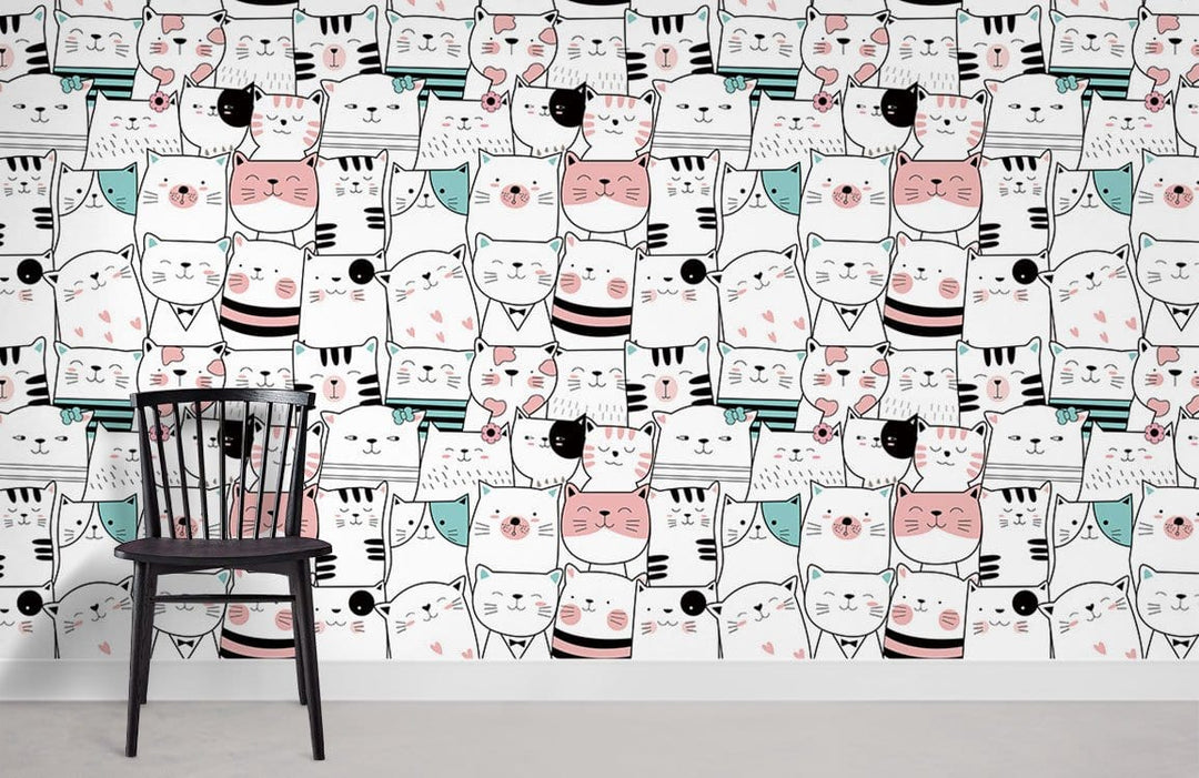 Whimsical Cats Pattern Wallpaper with playful pastel design, black chair, white skirting, grey floor.