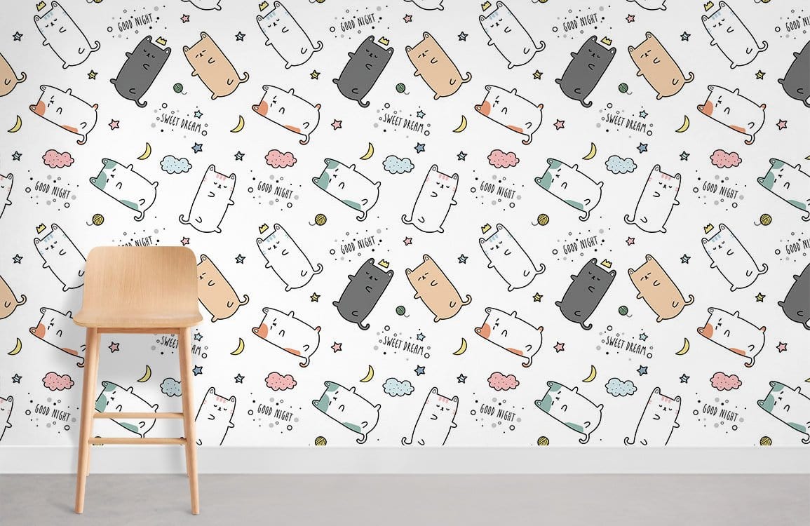 Children's room with pastel cat wallpaper, wooden chair, and grey floor, ideal for playful decor.