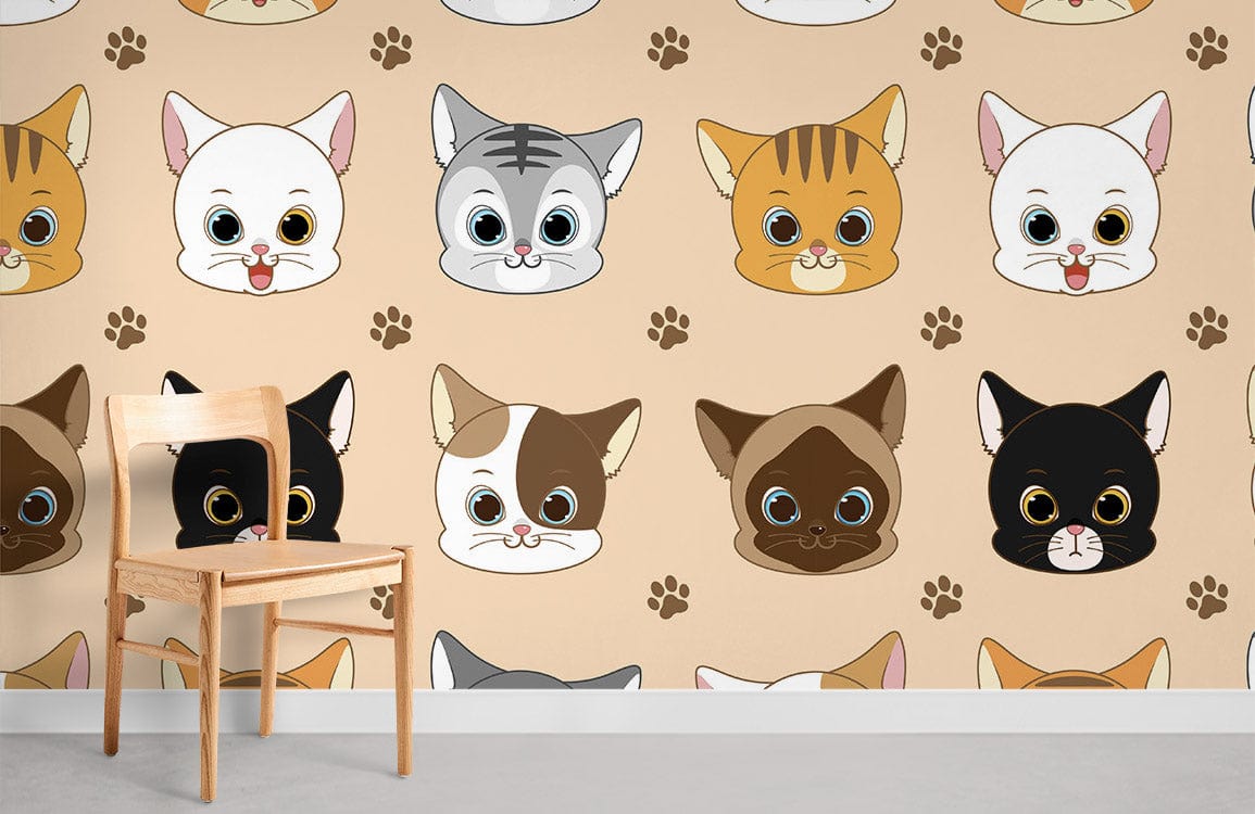 Charming cartoon cat faces wallpaper, soft brown tones, featuring wooden chair, grey flooring, beige wall.