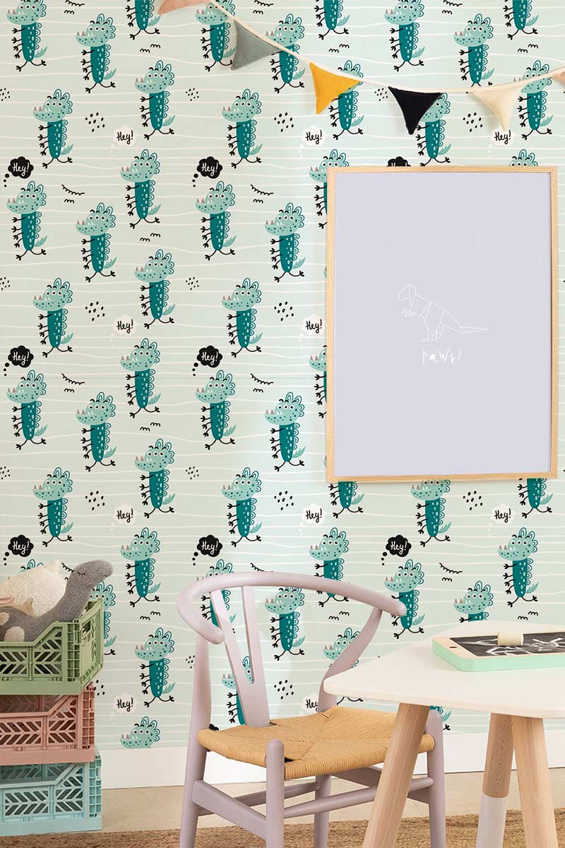 Teal Dinosaur Kids' Room Wallpaper with playful design, white chair, table, and bunting decor.