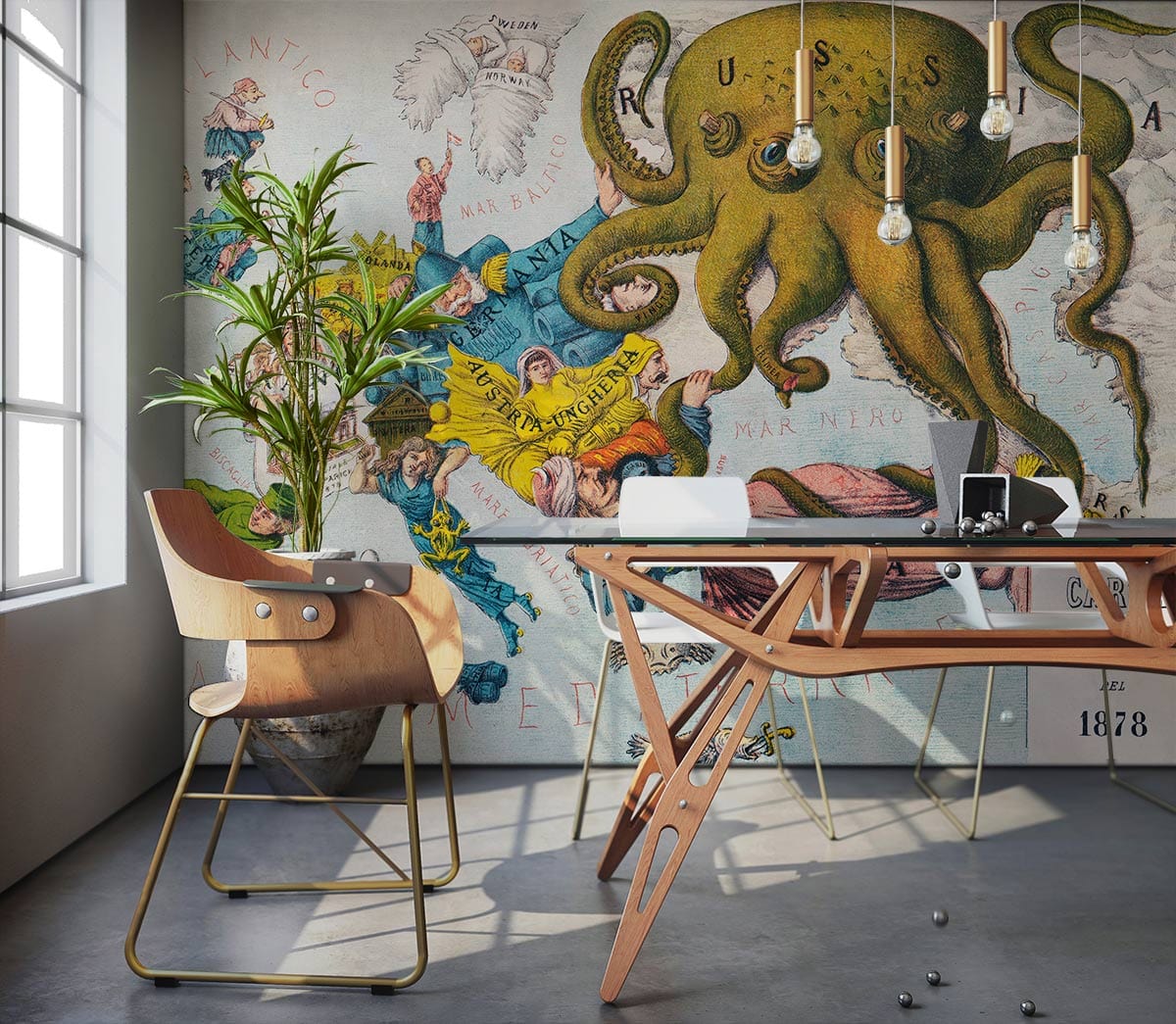 Vintage octopus wallpaper by XYZ brand adorns office with modern chair, sleek desk, grey flooring.