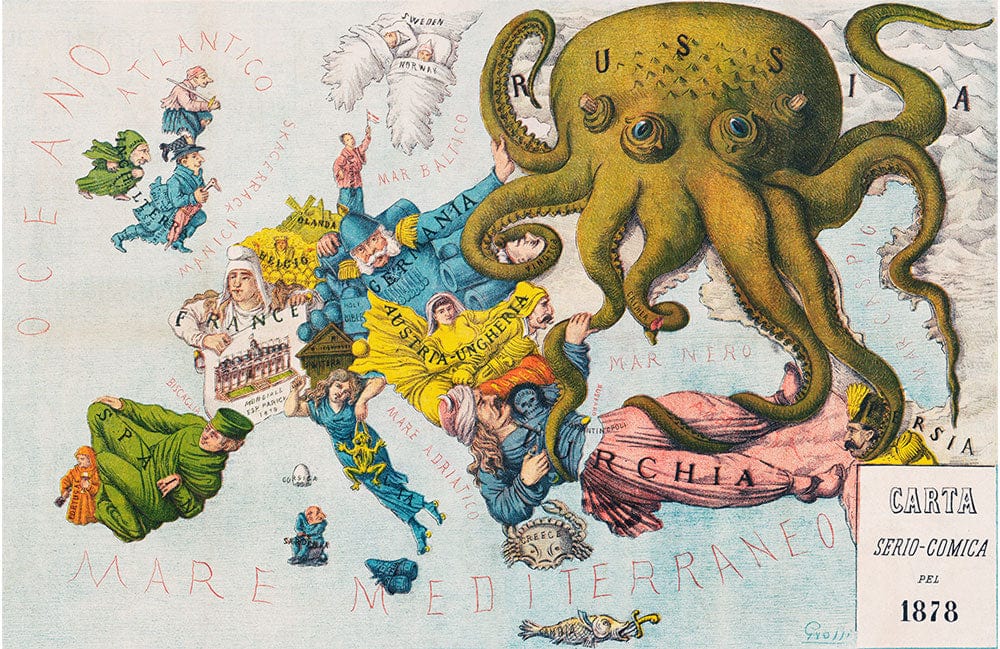 Antique cartography-style mural wallpaper featuring octopus design in vintage tones with playful illustrated continents.