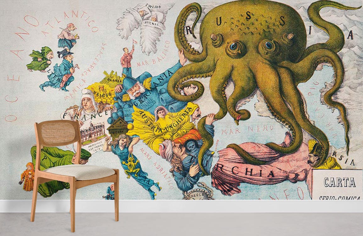 Antique Cartography Style Mural Wallpaper with Octopus Design in Vintage Tones