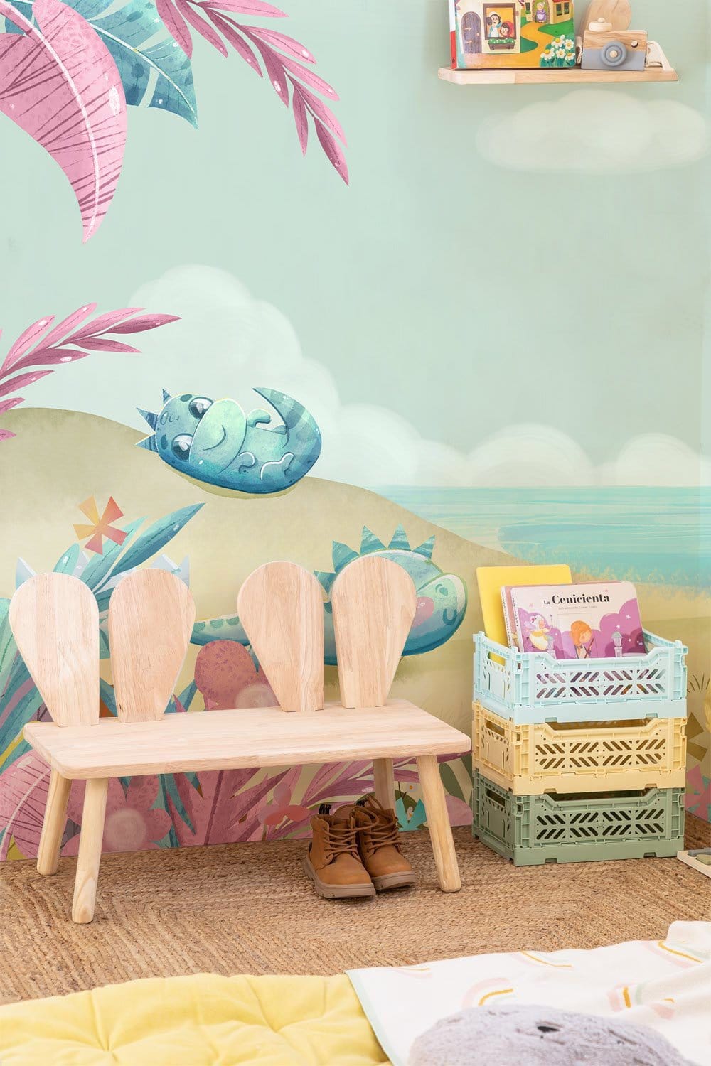 Playful pastel dinosaur nursery mural wallpaper, wooden bench, colourful storage, woven rug, kids' room.