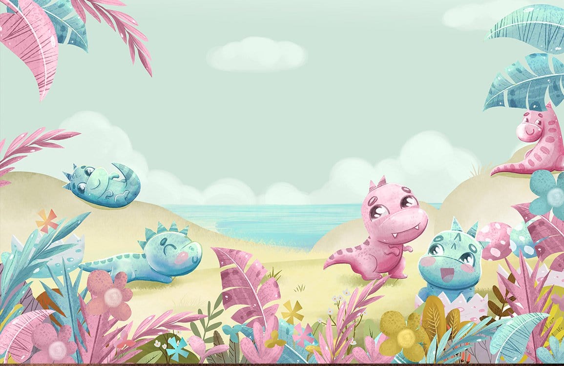 Playful Pastel Dinosaurs Theme Scenic Nursery Mural Wallpaper for Kids