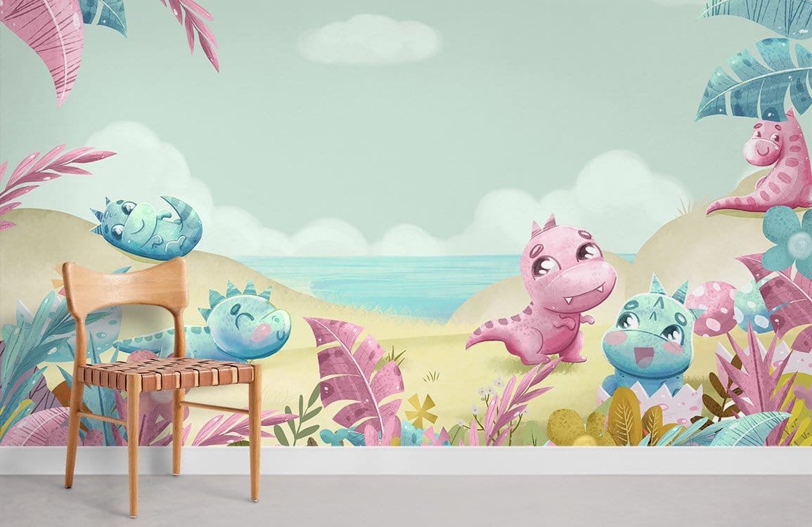 Playful pastel dinosaur-themed nursery wall mural with wooden chair, light grey flooring, and scenic decor.