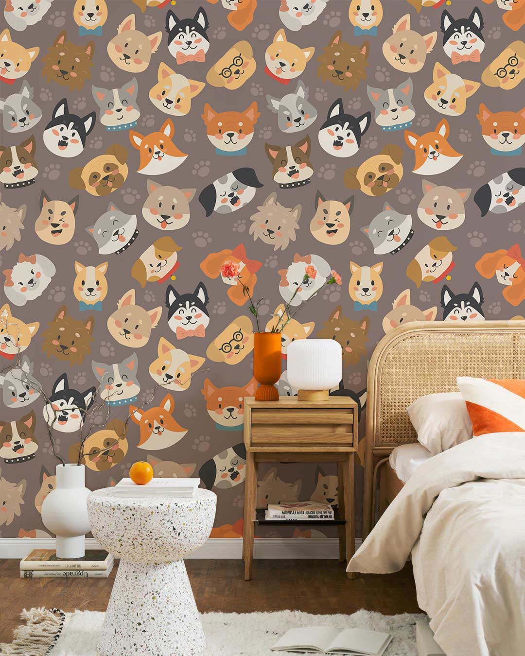 Whimsical animal wallpaper with rattan bed, cosy beige bedding, wooden side table, playful decor.
