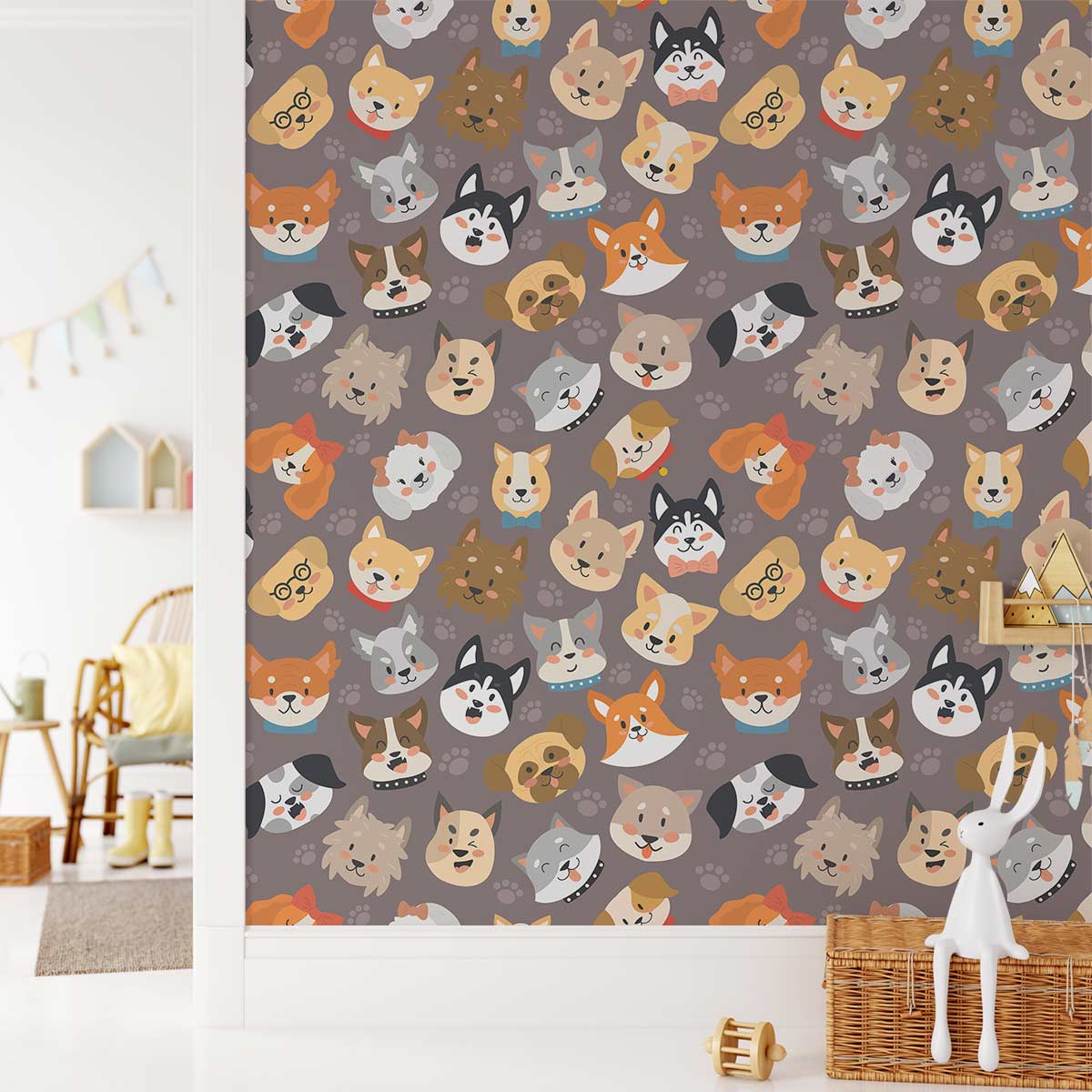 Whimsical Animal Faces wallpaper with grey multicolour pattern in children's room with wooden chair.
