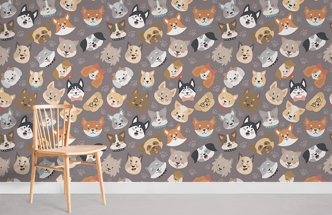 Whimsical Animal Faces wallpaper, wooden chair, grey floor, playful interior, child-friendly decor.