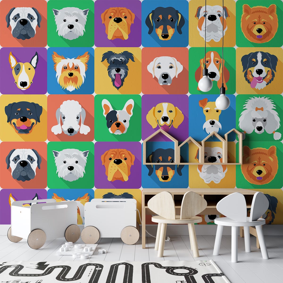 Playful kids' room with colourful cartoon dog wallpaper, wooden chairs, white flooring, and decor elements.