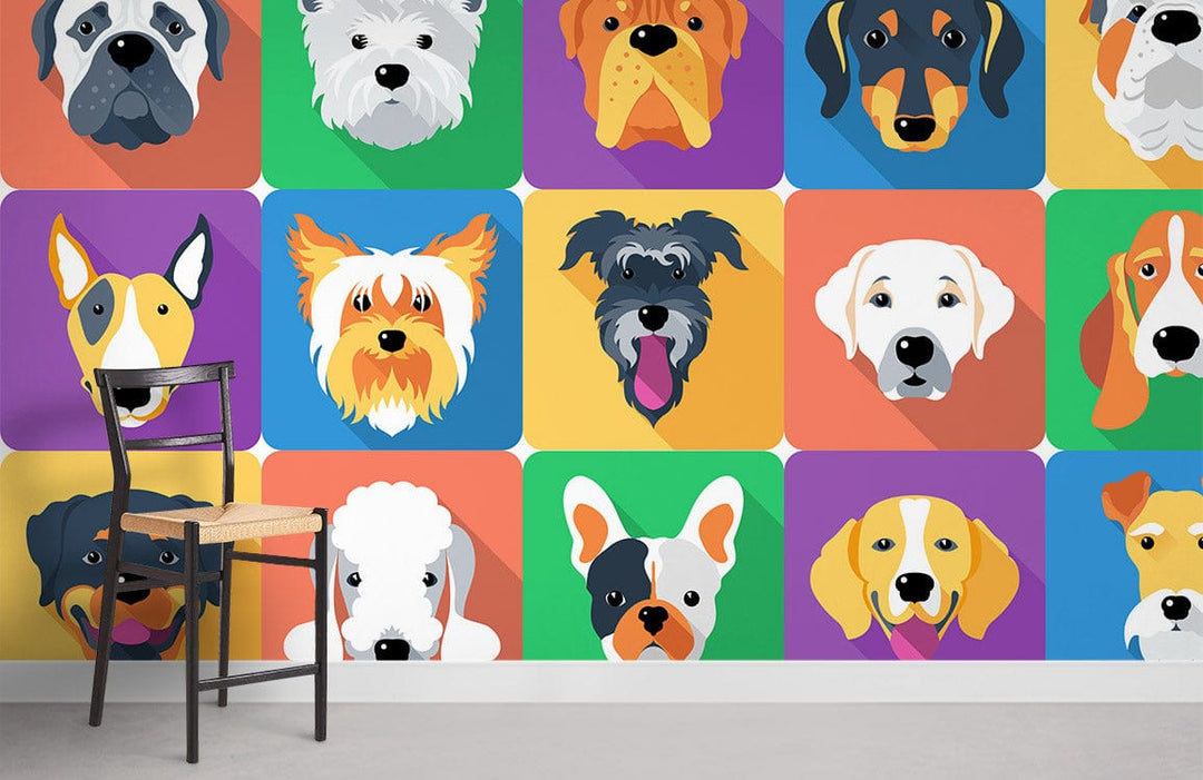 Colourful Cartoon Dog Faces Wallpaper in Kids' Room with Dark Chair, Grey Flooring, Vibrant Decor.