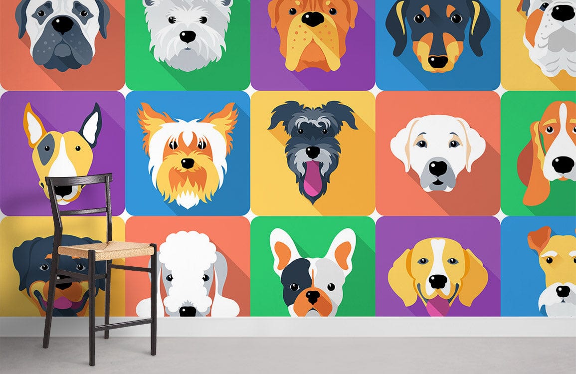Colourful Cartoon Dog Faces Wallpaper in Kids' Room with Dark Chair, Grey Flooring, Vibrant Decor.