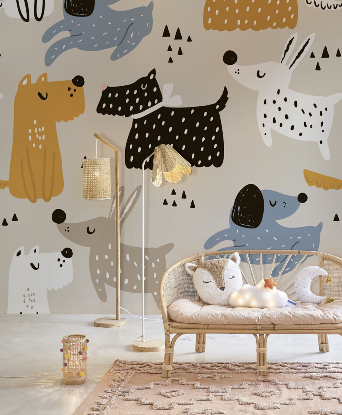 Whimsical Canine Parade Wallpaper in children's room, earthy tones, rattan sofa, modern floor lamps.