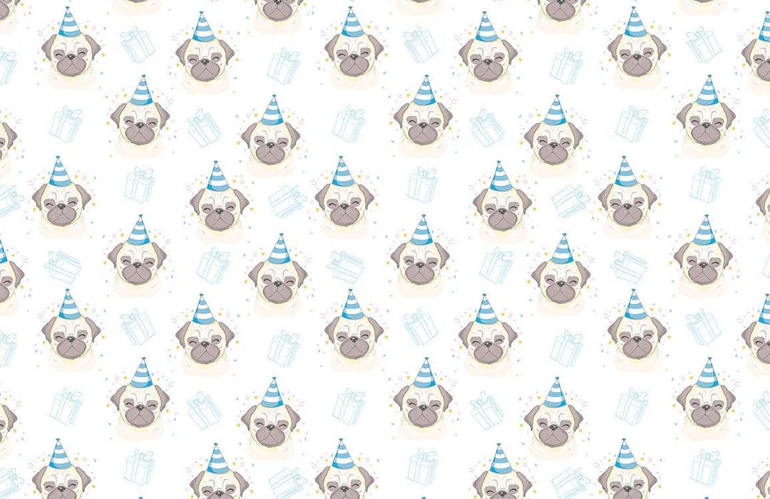 Pug Party Whimsical Wallpaper: Playful Blue and Grey Design Delight