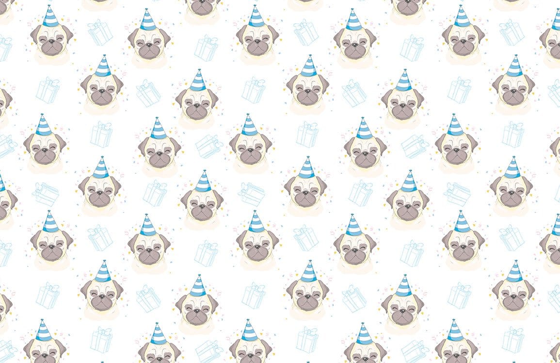 Pug Party Whimsical Wallpaper: Playful Blue and Grey Design Delight