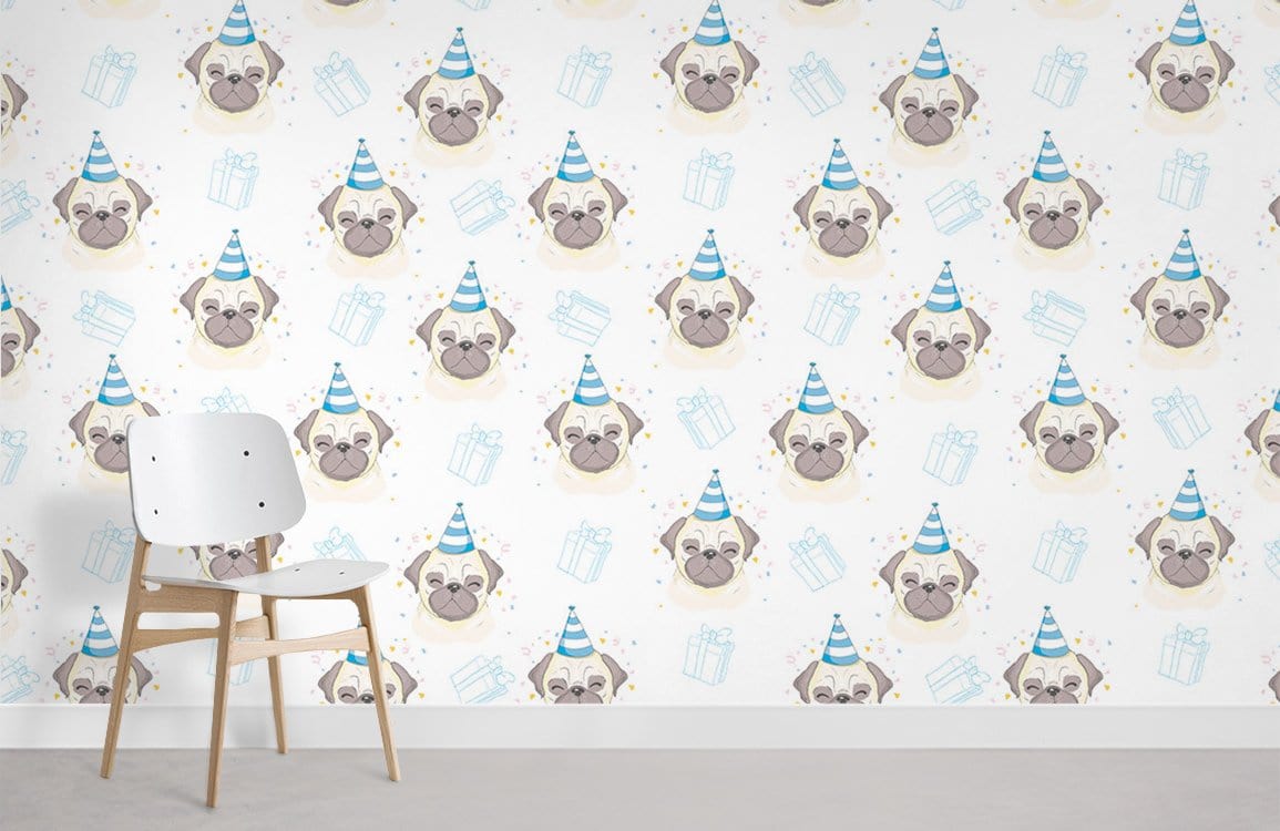 Pug Party Wallpaper, blue and grey design, whimsical chair, modern white and grey room setting.