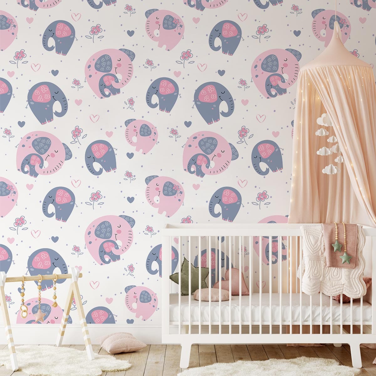 Charming nursery with Adorable Pink and Grey Elephant Wallpaper, delicate crib, canopy, playful decor accents.