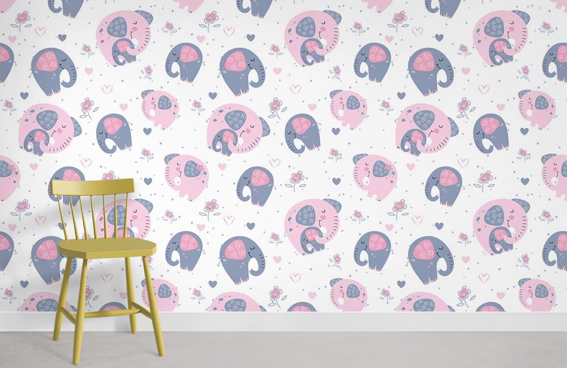 Adorable pink and grey elephant nursery wallpaper with yellow chair in children's room.