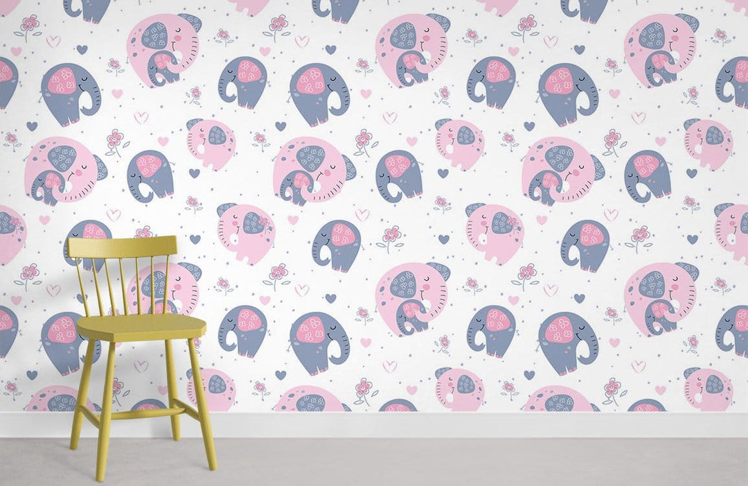 Adorable pink and grey elephant nursery wallpaper with yellow chair in children's room.