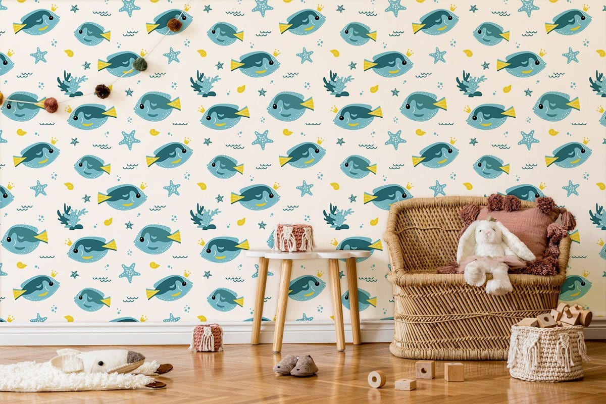 Playful blue ocean fish wallpaper in child's room with wicker chair, wooden floor, playful decor.