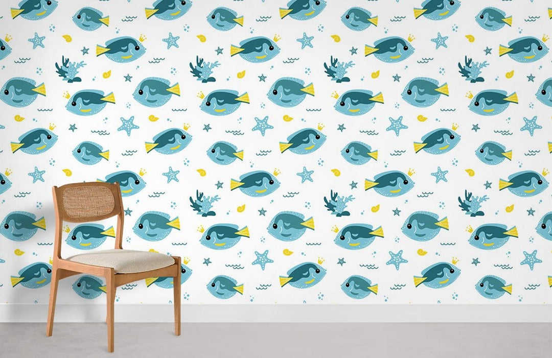Blue ocean fish wallpaper, playful design, wooden chair in child's room, light grey flooring.