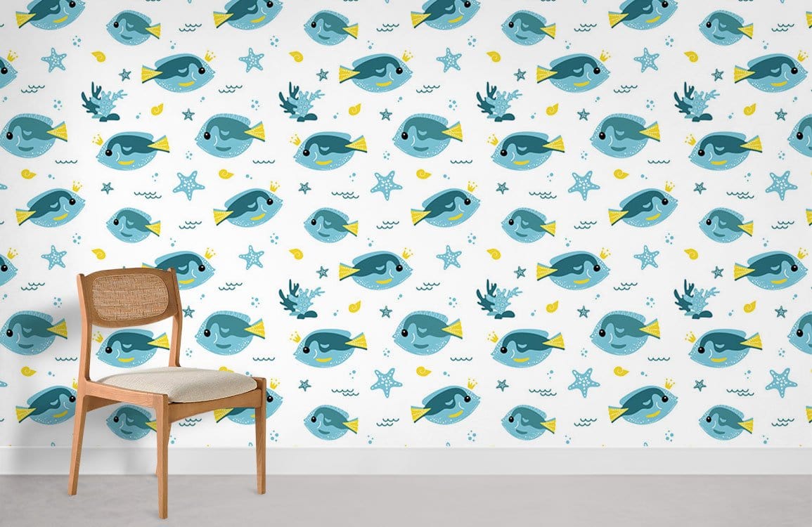 Blue ocean fish wallpaper, playful design, wooden chair in child's room, light grey flooring.