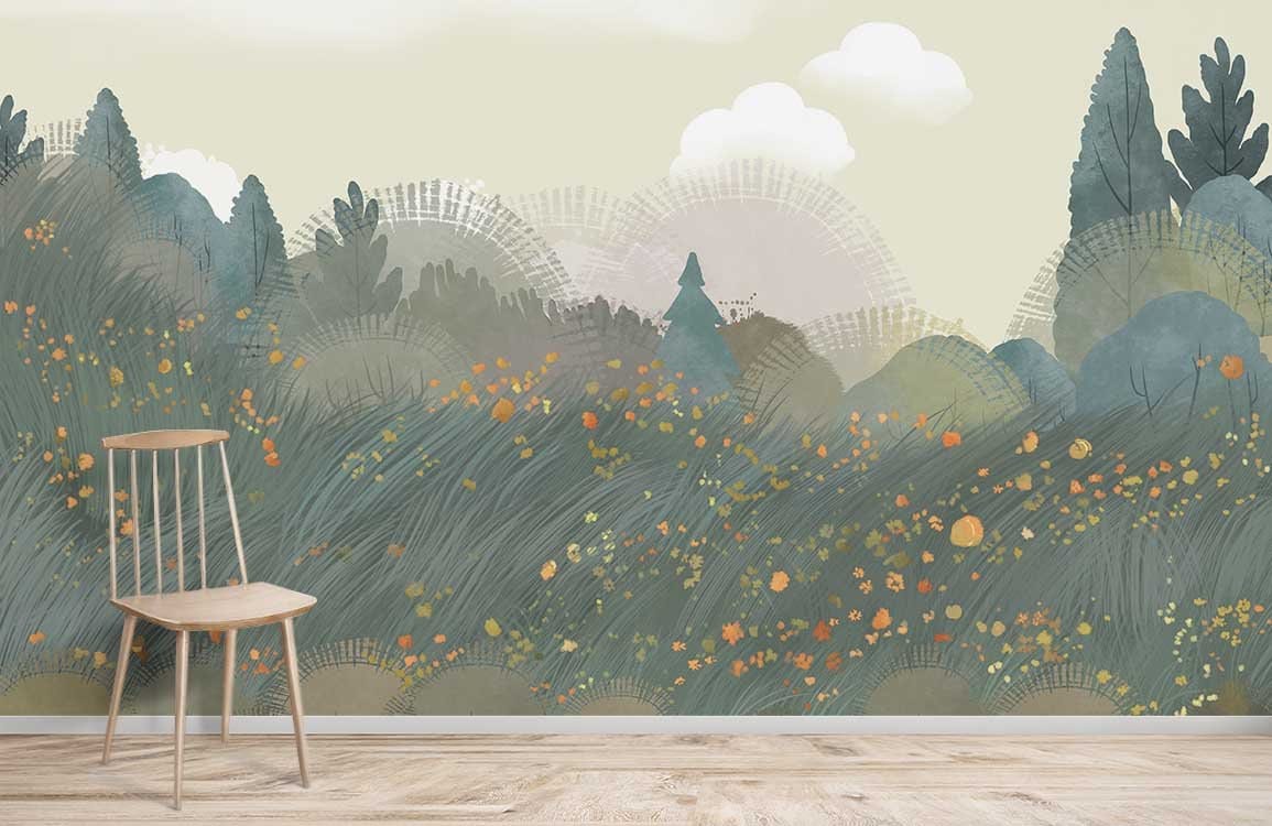 Enchanted Forest Teal Mural Wallpaper with wooden chair, light wood flooring, and abstract autumn design.