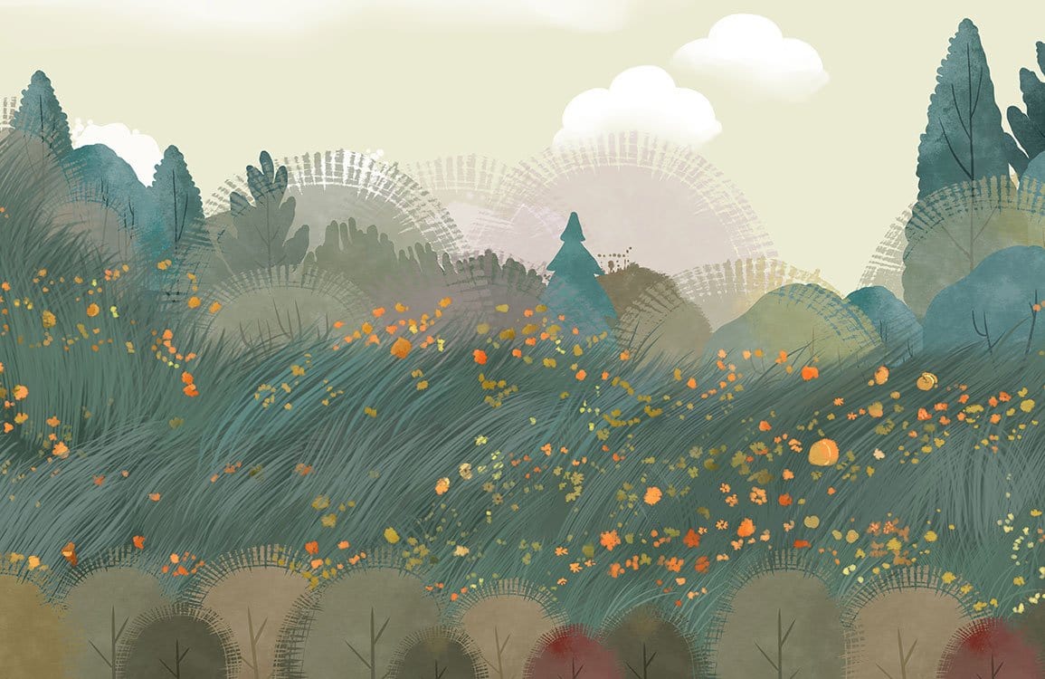 Enchanted Forest Autumn Landscape Mural Wallpaper in Teal and Earthy Tones