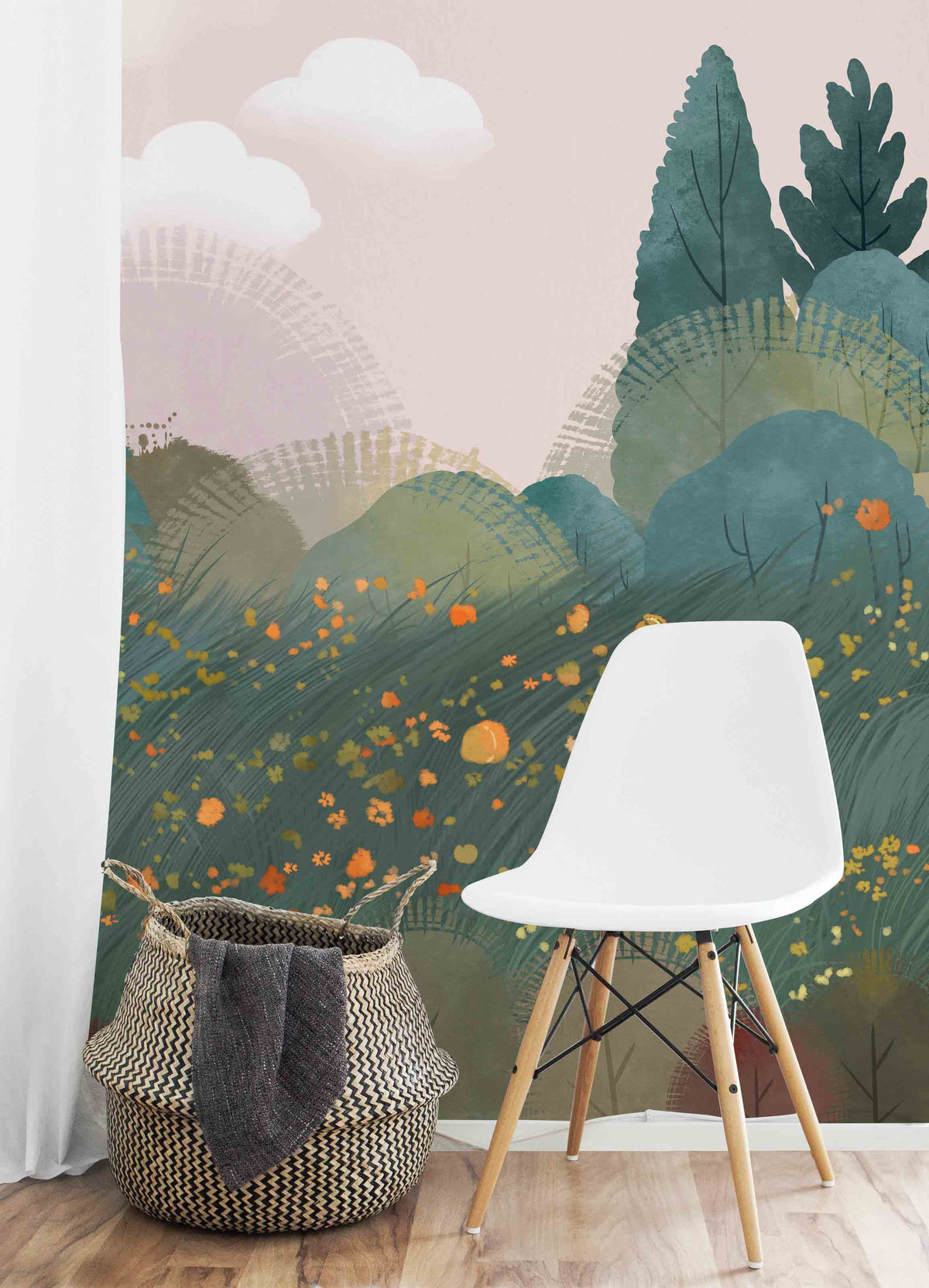Serene Pastel Forest Mural Wallpaper with white chair, woven basket, wood flooring in living room.