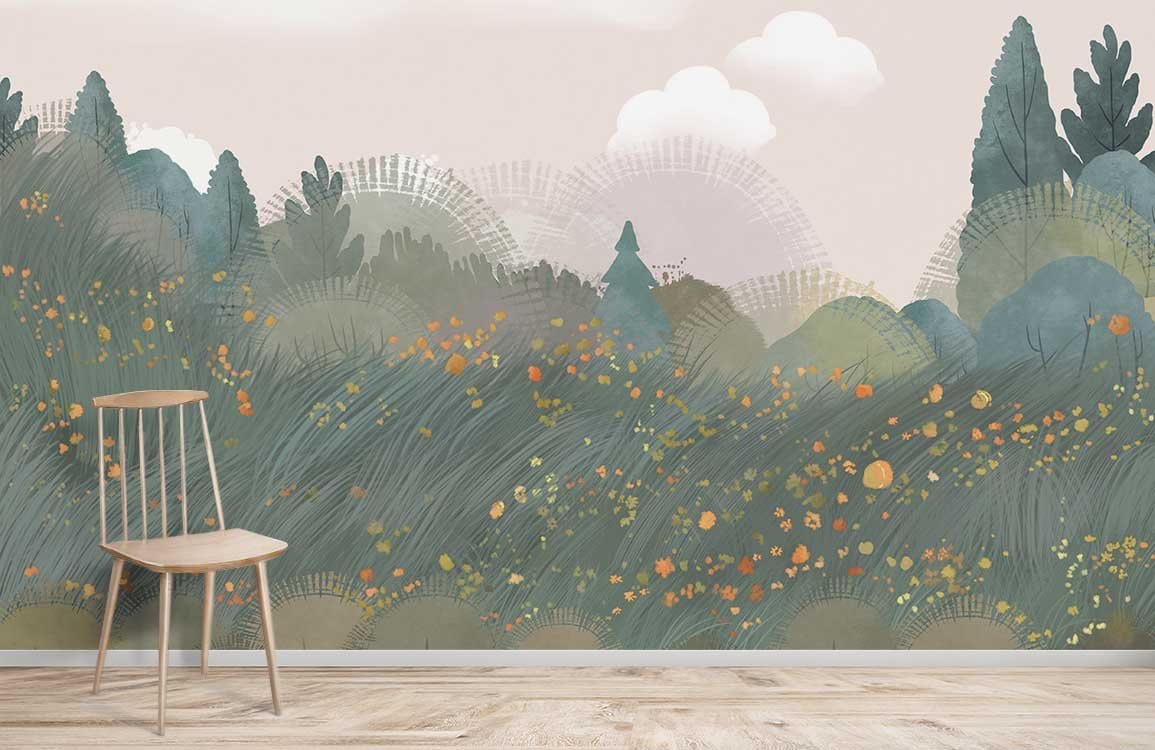 Serene Pastel Forest Mural Wallpaper in green and orange, light wooden chair, hardwood flooring.