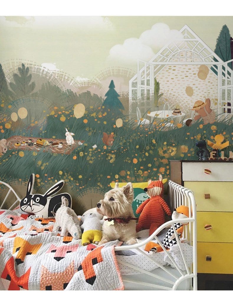 Kids' room with whimsical mural wallpaper, white bed, colourful quilt, and playful plush toys. Enchanted Forest.
