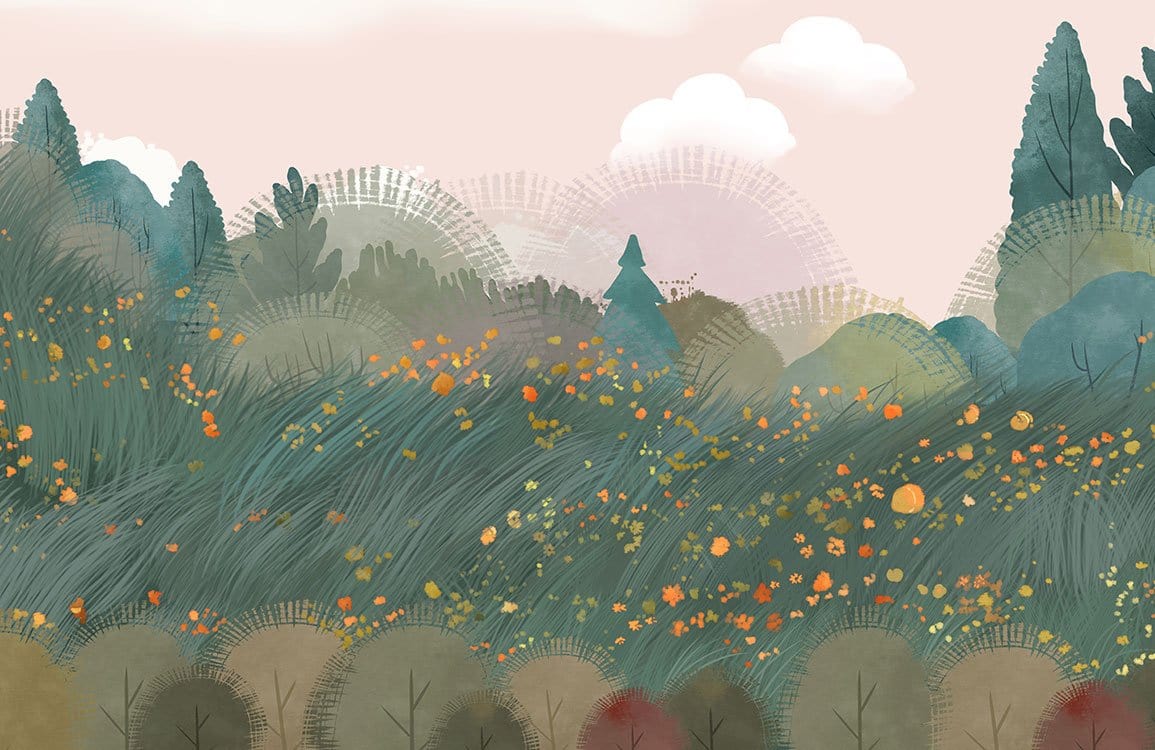 Serene Pastel Forest Mural Wallpaper: Nature-Inspired Landscape in Green and Orange