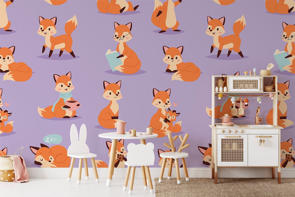 Whimsical orange fox wallpaper, lavender background, kids' room, white furniture, playful decor, light flooring.