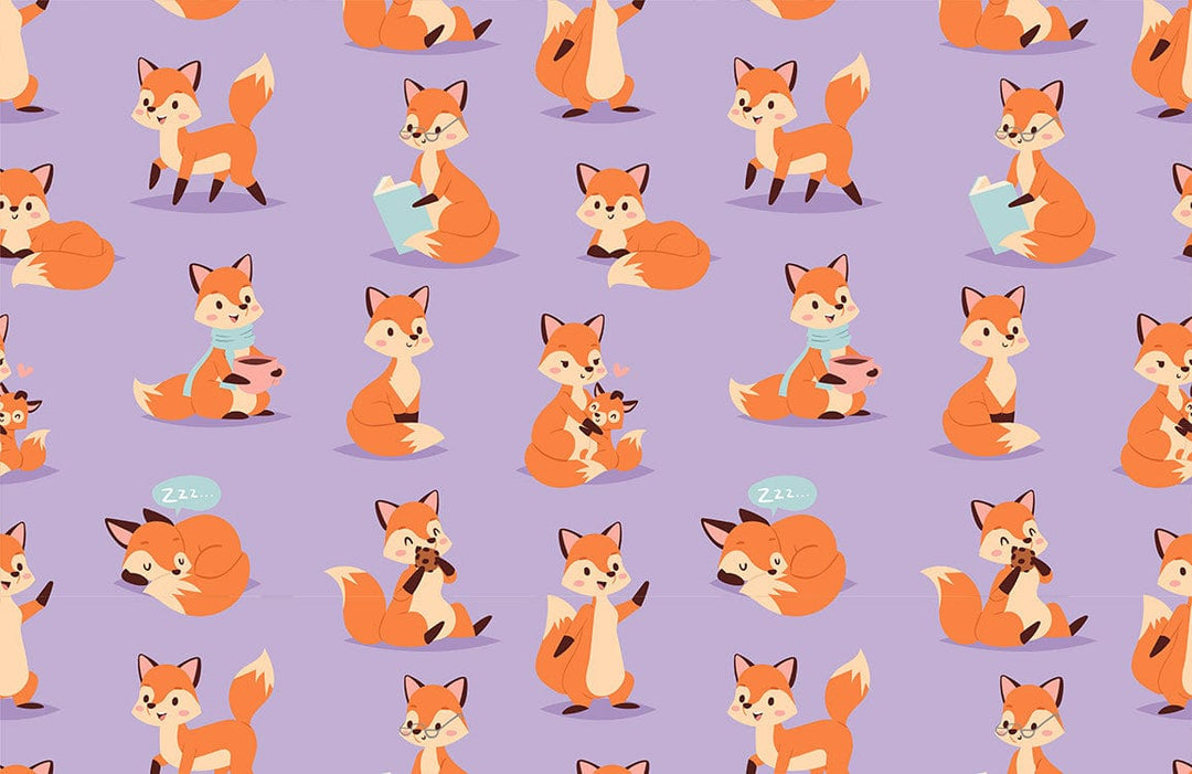 Whimsical Orange Fox Pattern Wallpaper on Lavender Background for Kids' Rooms