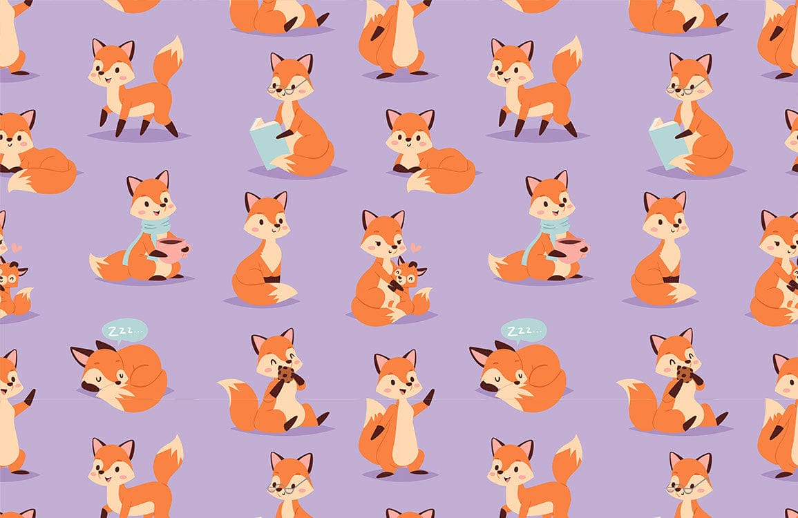 Whimsical Orange Fox Pattern Wallpaper on Lavender Background for Kids' Rooms