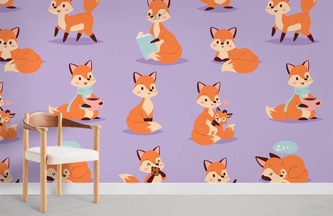 Whimsical orange fox pattern wallpaper on lavender, wooden chair, grey flooring in kids' room setting.