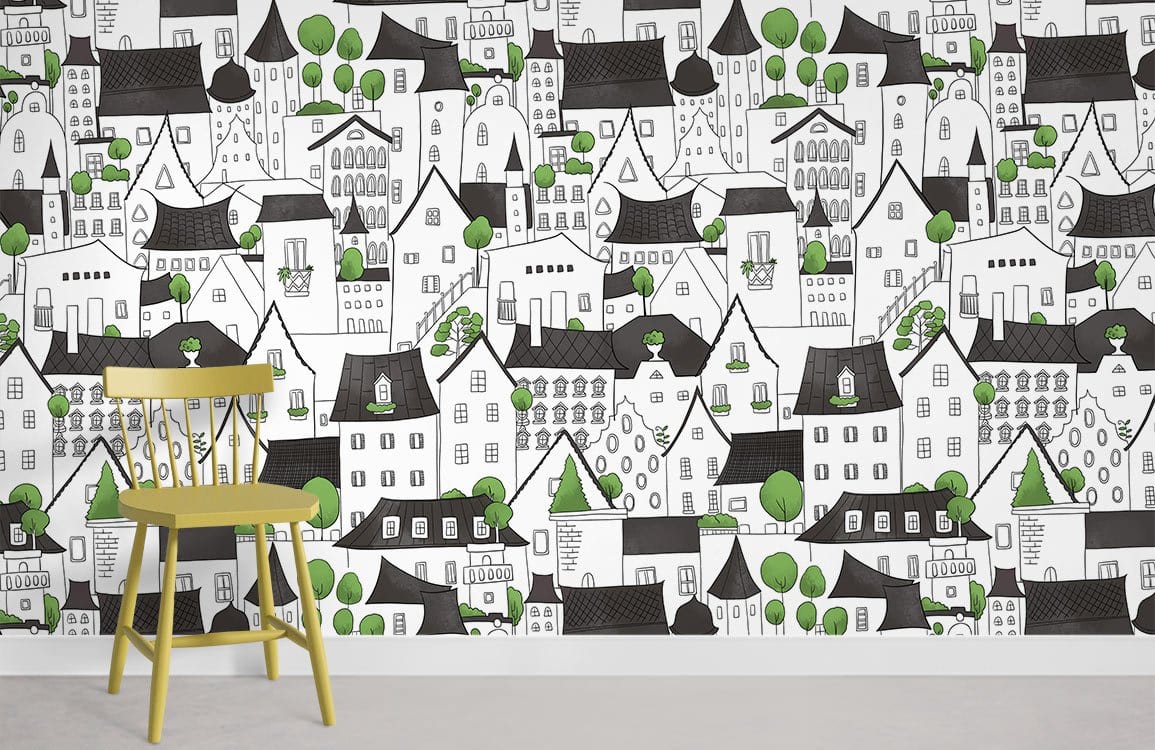Charming monochrome village wallpaper with black, white, green design; yellow chair, grey flooring, illustrative.