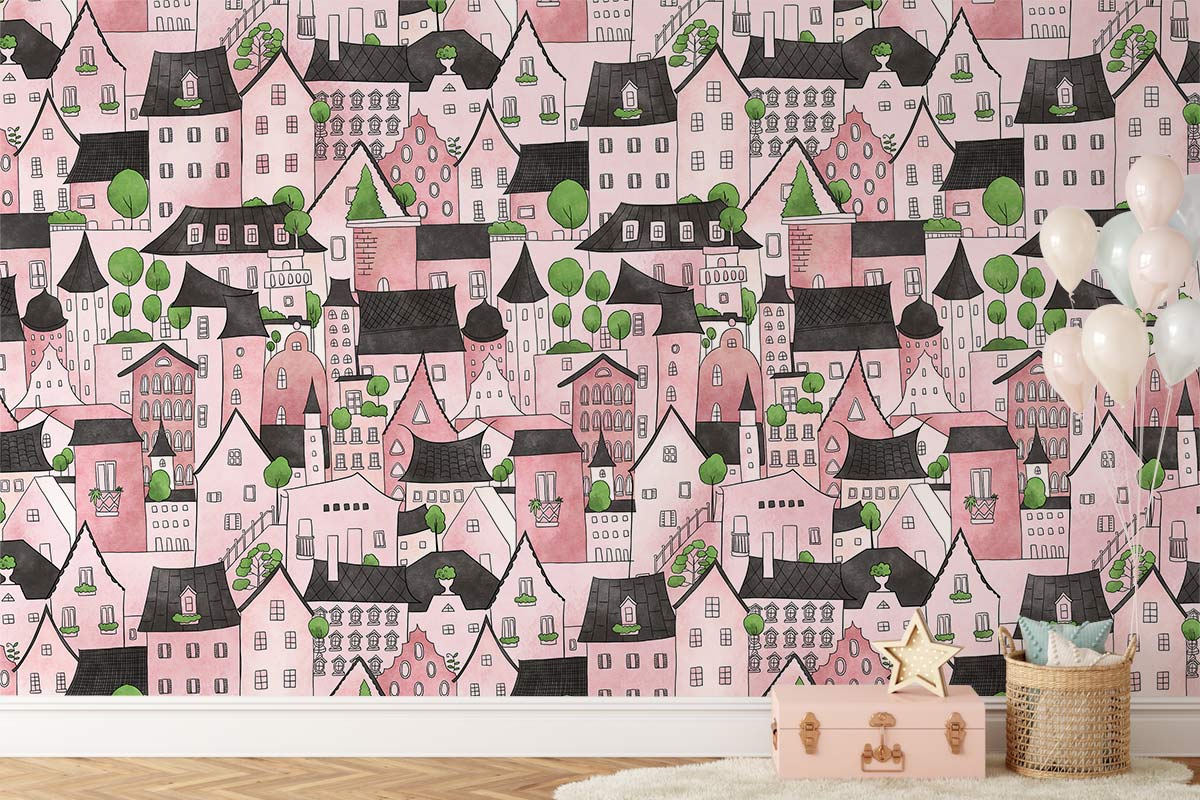 Charming pink village fantasy mural wallpaper, whimsical design, with parquet flooring in a cosy room.