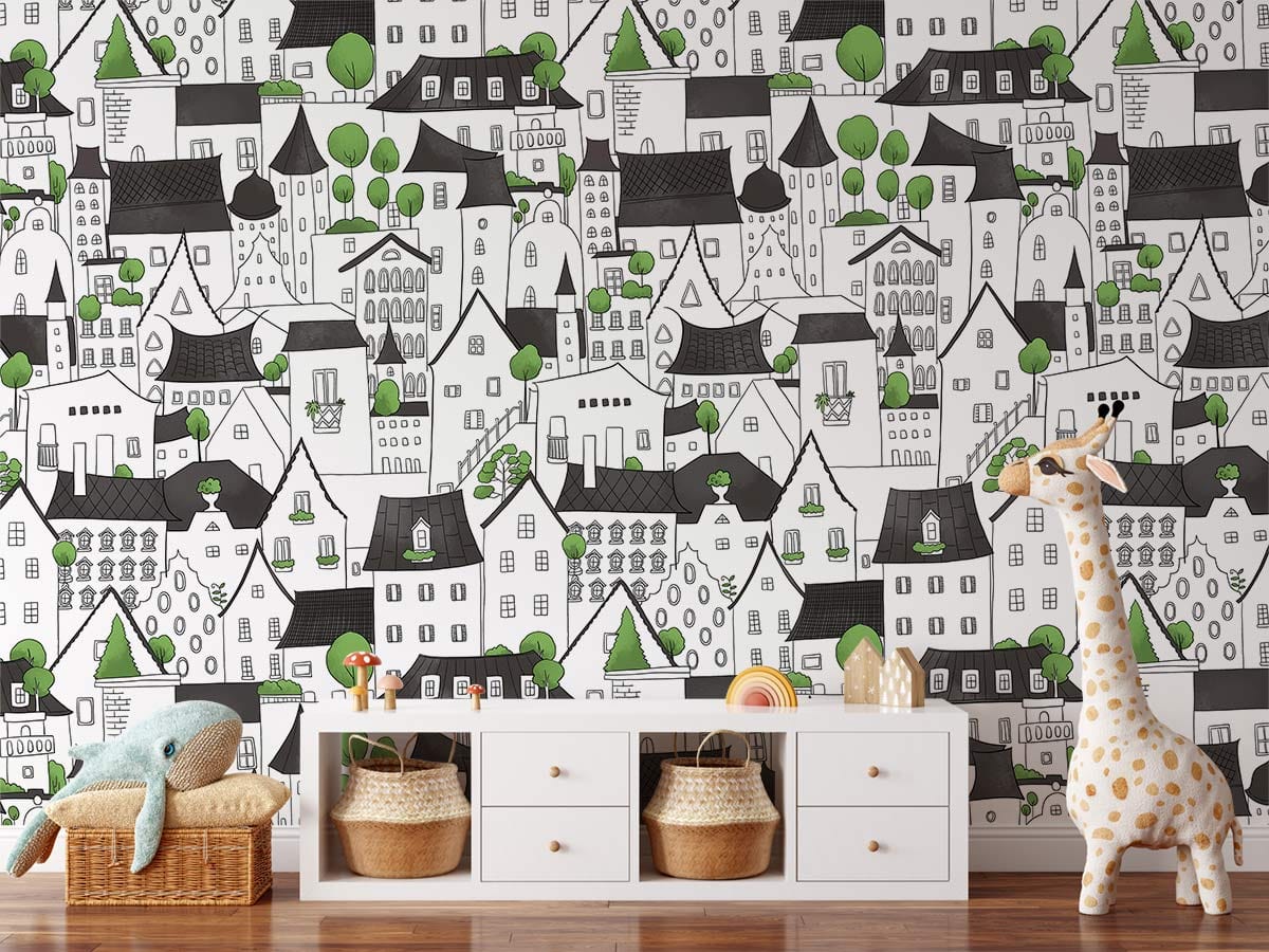 Charming Monochrome Village Wallpaper in nursery with white storage, wooden floor, playful decor elements.
