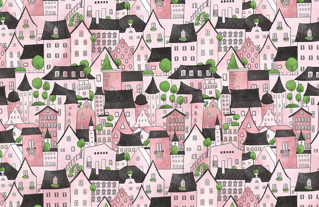 Charming Pink Village Fantasy Mural Wallpaper with Green Accents - Whimsical Design