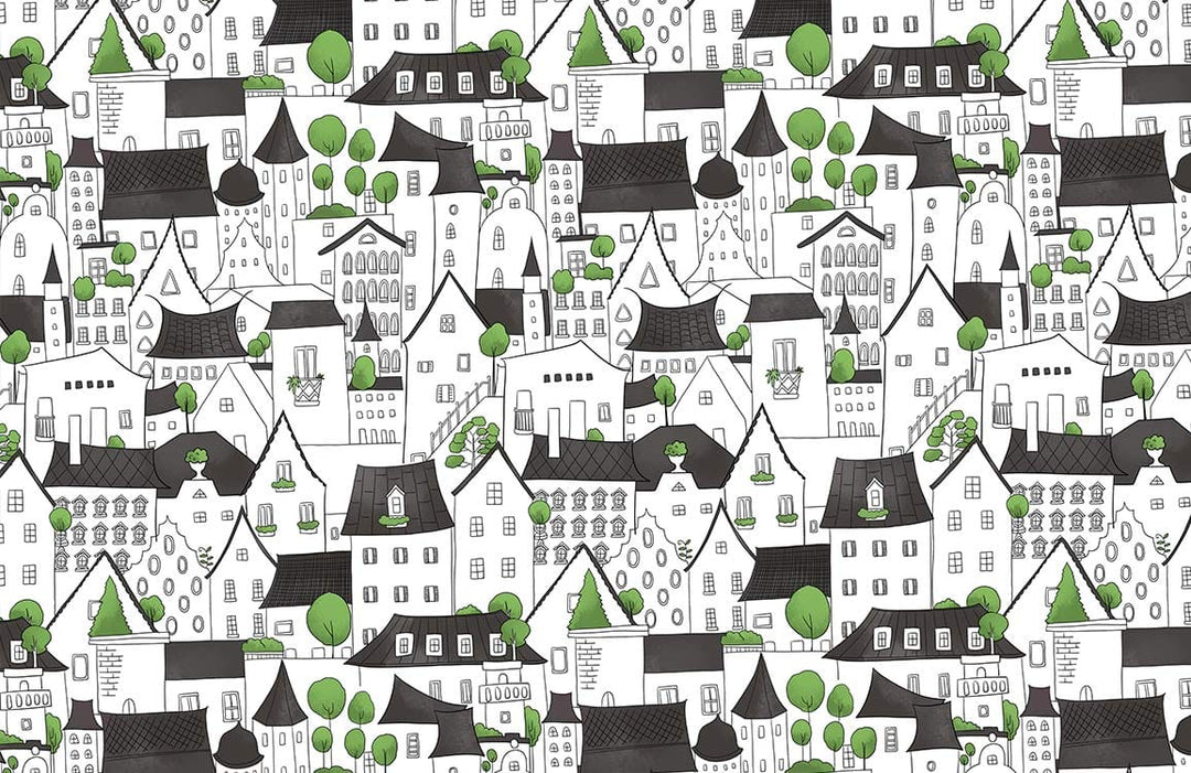 Charming Monochrome Village Wallpaper - Black, White, Green Illustrative Design